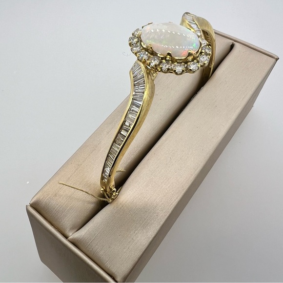 14k Yellow Gold Opal & Diamond Bangle Bracelet - Picture 5 of 12